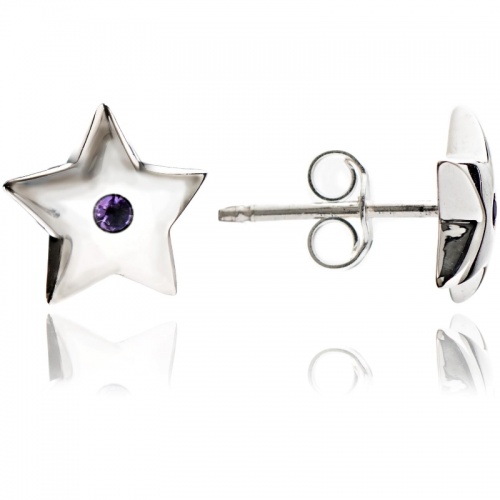 Dainty Oxidised 925 Sterling Silver Star Stud Earrings With Amethyst Stone